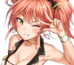 Rule 34 | 1girl, armpits, badge, bare shoulders, black ribbon, blush, bracelet, breasts, button badge, choker, cleavage, collarbone, commentary request, crop top, earrings, eyelashes, grin, hair ribbon, hand gesture, hand up, heart, heart earrings, idolmaster, idolmaster cinderella girls, jewelry, jougasaki mika, long hair, medium breasts, nail polish, one eye closed, pink hair, ribbon, sidelocks, simple background, smile, smiley face, solo, takeashiro, twintails, w, white background, yellow eyes, yellow nails