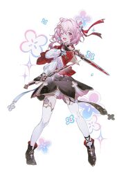 Rule 34 | 1girl, ankle boots, black dress, black footwear, black gloves, bloomers, blue eyes, boots, dress, dual wielding, earrings, fingerless gloves, flower, full body, glint, gloves, hashtag-only commentary, high heel boots, high heels, highres, holding, holding sword, holding weapon, honkai: star rail, honkai (series), jewelry, kbyskiy, looking at viewer, march 7th (honkai: star rail), march 7th (hunt) (honkai: star rail), medium hair, official alternate costume, official alternate hairstyle, one eye closed, pink eyes, pink hair, pink pupils, puffy sleeves, short dress, shuangyaji, single earring, solo, sword, thighhighs, two-tone eyes, underwear, weapon, white bloomers, white thighhighs