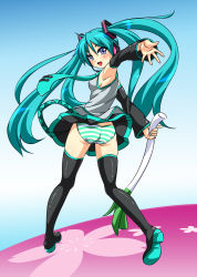 Rule 34 | 1girl, ass, bad id, bad pixiv id, blue eyes, cosplay, detached sleeves, green hair, hatsune miku, hatsune miku (cosplay), highres, hiiragi kagami, long hair, looking back, lucky star, nakki, panties, parody, solo, spring onion, striped clothes, striped panties, thighhighs, twintails, underwear, vocaloid