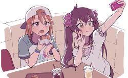 Rule 34 | 2girls, backwards hat, booth seating, brown eyes, brown hair, burger, cellphone, comet oo, commentary request, drink, drinking straw, eating, flat color, food, food on face, hair through headwear, hat, holding, holding food, holding phone, idolmaster, idolmaster cinderella girls, matoba risa, multiple girls, muted color, open mouth, orange hair, peaked cap, phone, selfie, short sleeves, sitting, smartphone, smile, table, tomboy, twintails, v-shaped eyebrows, w, wristband, yellow eyes, yuuki haru