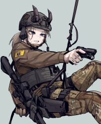 Rule 34 | 1girl, blue eyes, brown hair, brown jacket, brown pants, cabbie hat, camouflage, camouflage pants, english text, epakim, feet out of frame, glock, grey background, grey hat, gun, handgun, hat, highres, holding, holding gun, holding weapon, horns, horns through headwear, jacket, long hair, long sleeves, looking away, original, pants, ponytail, scar, scar across eye, simple background, solo, thick eyebrows, weapon, weapon request