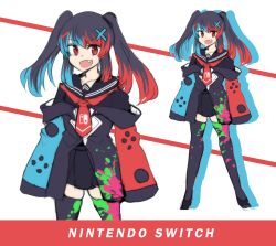 Rule 34 | 1girl, :d, absurdres, black hair, black skirt, blue hair, fang, hair ornament, highres, hinghoi, long hair, long sleeves, looking at viewer, multicolored hair, multiple views, nintendo switch, nintendo switch (personification), open mouth, original, paint stains, personification, red eyes, red hair, sailor collar, school uniform, serafuku, sketch, skirt, sleeves past wrists, smile, thighhighs, twintails, v-shaped eyebrows