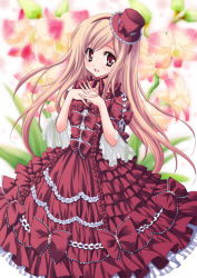 Rule 34 | 1girl, :d, blonde hair, bow, dress, floral background, flower, frilled dress, frilled sleeves, frills, goth fashion, gothic lolita, hat, lolita fashion, long hair, looking at viewer, mini hat, mini top hat, open mouth, original, own hands clasped, own hands together, red dress, red eyes, smile, solo, top hat, yukiwo
