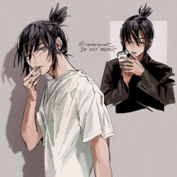 Rule 34 | 1boy, black hair, black jacket, blue eyes, carrotsprout, chainsaw man, cigarette, cigarette pack, closed eyes, earrings, grey background, hayakawa aki, highres, holding, holding cigarette, holding cigarette pack, jacket, jewelry, looking at viewer, messy hair, shadow, shirt, short hair, simple background, solo, stud earrings, topknot, twitter username, white shirt