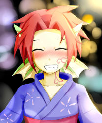 Rule 34 | 1girl, aged down, artist request, blush, closed eyes, dragon girl, festival, fins, granberia, grin, highres, japanese clothes, kimono, looking at viewer, mon-musu quest!, monster girl, pointy ears, red hair, short hair, smile, tattoo, teeth