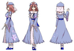 Rule 34 | 1girl, blue bow, blue footwear, blue hat, blue ribbon, bow, breasts, character sheet, closed mouth, collarbone, dress, eyebrows, female focus, frilled dress, frilled sleeves, frills, from behind, from side, full body, hair between eyes, hand up, hat, high heels, holding, karaori, large breasts, long sleeves, looking at viewer, mob cap, multiple views, neck ribbon, neko (yanshoujie), own hands together, pink eyes, pink hair, profile, ribbon, ribbon-trimmed collar, ribbon trim, saigyouji yuyuko, shoes, simple background, socks, standing, the sealed esoteric history, touhou, triangular headpiece, turnaround, white background, white legwear, wide sleeves