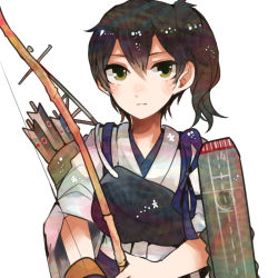 Rule 34 | 10s, 1girl, bad id, bad nicoseiga id, bow (weapon), brown hair, gloves, itomugi-kun, japanese clothes, kaga (kancolle), kantai collection, muneate, short hair, side ponytail, simple background, solo, weapon, white background, yellow eyes