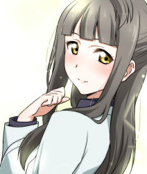 Rule 34 | 10s, 1girl, ascii media works, blush, from behind, grey hair, ikari manatsu, long hair, looking at viewer, looking back, love live!, love live! school idol project, mature female, minami kotori&#039;s mother, simple background, smile, solo, white background, yellow eyes
