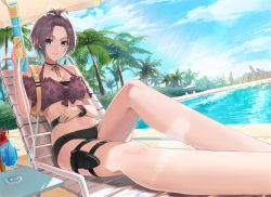 Rule 34 | 1girl, ahoge, asakura toru, beach chair, black hair, blue eyes, blue hair, blue nails, commentary request, day, dutch angle, earrings, gradient hair, highres, idolmaster, idolmaster shiny colors, jewelry, looking at viewer, multicolored hair, nail polish, outdoors, pool, short hair, sitting, solo, sunlight, thigh strap, water gun, zelo6