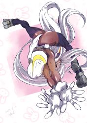 boku_no_hero_academia breasts dark-skinned_female dark_skin gloves highleg highleg_leotard huge_breasts leotard long_hair mich_kj mirko open_mouth rabbit_ears rabbit_girl rabbit_tail smile teeth very_long_hair white_gloves white_hair