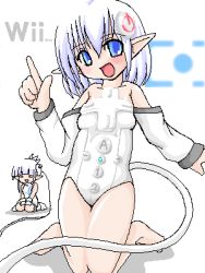 Rule 34 | artist request, blue eyes, blue hair, leotard, lowres, pointy ears, smile, white theme, wire