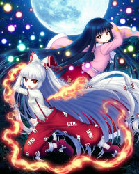 Rule 34 | 2girls, :o, album cover, ankle boots, arm garter, arm up, baggy pants, bamboo, black hair, blunt bangs, boots, bow, bright pupils, brown eyes, clenched hand, commentary request, cover, danmaku, dress shirt, fighting stance, fire, fujiwara no mokou, full moon, hair bow, hair ribbon, highres, houraisan kaguya, juliet sleeves, long hair, long skirt, long sleeves, miruki, moon, multiple girls, night, night sky, ofuda, open mouth, outdoors, outstretched arm, pants, pink shirt, ponytail, puffy sleeves, red eyes, red footwear, red skirt, ribbon, shirt, silver hair, skirt, sky, sleeves rolled up, star (sky), starry sky, suspenders, touhou, tress ribbon, very long hair, white bow, white pupils, white shirt, wide sleeves