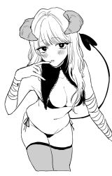 Rule 34 | + +, 1girl, bandages, bandaged arm, bandages, bikini, blush, breasts, bright pupils, cowboy shot, cropped legs, demon girl, demon tail, finger to mouth, greyscale, hand up, horns, large breasts, leaning forward, little mare, long hair, looking at viewer, monochrome, navel, original, parted lips, side-tie bikini bottom, simple background, solo, standing, swimsuit, tail, thighhighs, white background