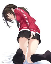 Rule 34 | 1girl, amagai tarou, arm behind back, ass, bed sheet, black skirt, black socks, blush, breasts, brown eyes, brown hair, commentary request, covering ass, covering privates, embarrassed, foreshortening, from behind, highres, jacket, kneehighs, kneeling, knees together feet apart, long hair, looking at viewer, looking back, low twintails, miniskirt, no shoes, open mouth, original, pleated skirt, red jacket, sidelocks, signature, simple background, skirt, sleeves past wrists, small breasts, socks, soles, solo, striped, thighs, track jacket, twintails, vertical stripes, white background