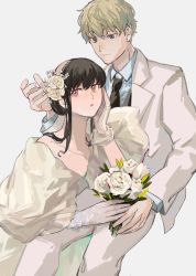 Rule 34 | 1boy, 1girl, 3705318, absurdres, alternate costume, alternate eye color, bare shoulders, black hair, black necktie, blue eyes, blue shirt, bouquet, brown hair, brown hairband, closed mouth, collarbone, collared jacket, collared shirt, commentary request, dress, fingernails, flower, formal, gloves, grey background, grey flower, grey rose, hair between eyes, hair flower, hair ornament, hairband, hand on own face, hand up, hetero, highres, jacket, leaf, leaf hair ornament, light brown hair, long sleeves, looking at another, looking down, looking up, necktie, off-shoulder dress, off shoulder, open mouth, pants, pink eyes, plaid, plaid hairband, puffy short sleeves, puffy sleeves, rose, see-through gloves, shirt, short hair, short hair with long locks, short sleeves, sidelocks, simple background, sitting, smile, spy x family, suit, suit jacket, twilight (spy x family), wedding dress, white flower, white jacket, white pants, white rose, yellow dress, yellow flower, yellow rose, yor briar