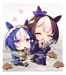 Rule 34 | 2girls, aged down, animal ears, artist name, bag, blue hair, bow, braid, brown hair, cesario (umamusume), chibi, coat, commentary request, crown braid, ear bow, ear ornament, food, french braid, hair between eyes, holding, holding bag, holding hands, hood, hooded coat, horse ears, horse girl, horse tail, jitome, light brown hair, mittens, multicolored hair, multiple girls, no mouth, notice lines, outside border, paper bag, pink mittens, purple bow, purple eyes, purple mittens, purple skirt, purple thighhighs, scarf, school uniform, shadow, short hair, signature, skirt, special week (umamusume), tail, tail wagging, taiyaki, thighhighs, tracen school uniform, two-tone hair, umamusume, wagashi, walking, white scarf, winter clothes, winter coat, winter uniform, zest (lossol)