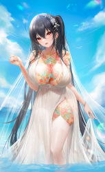 Rule 34 | 1girl, absurdres, ahoge, azur lane, blue sky, bracelet, breast tattoo, breasts, chest tattoo, cloud, commentary, day, dress, earrings, feet out of frame, flower, flower tattoo, garter straps, hair between eyes, hair flower, hair ornament, highres, huge breasts, jewelry, leg tattoo, liu liaoliao, long hair, looking at viewer, necklace, ocean, official alternate costume, one side up, red eyes, skirt hold, sky, sleeveless, sleeveless dress, solo, standing, symbol-only commentary, taihou (azur lane), taihou (temptation on the sea breeze) (azur lane), tattoo, thighhighs, veil, very long hair, wading, water, white dress, white flower, white thighhighs