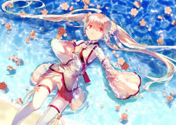 Rule 34 | 1girl, beach, commentary request, detached sleeves, fingernails, flower, flower on liquid, hair between eyes, hair flower, hair ornament, hatsune miku, highres, long sleeves, lying, on back, partially submerged, pink flower, pink hair, pleated skirt, plum, red eyes, sakura miku, sand, shallow water, shirt, skirt, sleeves past wrists, solo, thighhighs, twintails, vocaloid, water, white shirt, white skirt, white thighhighs, wide sleeves, xinta