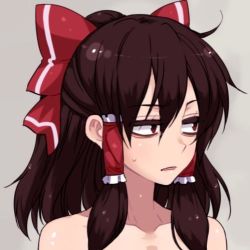 Rule 34 | 1girl, bags under eyes, bow, brown hair, collarbone, cropped, female focus, grey background, hair bow, hair tubes, hakurei reimu, jitome, long hair, lowres, nude, puyo (puyotopia), red eyes, simple background, solo, touhou, upper body