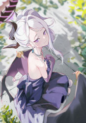 Rule 34 | 1girl, absurdres, back, black horns, blue archive, blush, closed mouth, demon horns, demon wings, dress, elbow gloves, gloves, halo, highres, hina (blue archive), hina (dress) (blue archive), horns, long hair, multiple horns, official alternate costume, peropicnic, purple dress, purple eyes, purple gloves, purple wings, solo, strapless, strapless dress, white hair, wings