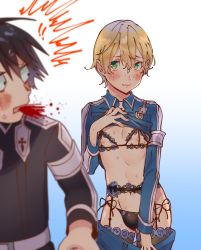 Rule 34 | !, !!, 2boys, absurdres, black hair, black jacket, black panties, blonde hair, blue background, blue jacket, blue pants, blurry, blurry foreground, blush, bomhat, bra, bulge, clothes lift, clothes pull, commentary, coughing blood, crossdressing, cupless bra, eugeo, garter belt, garter straps, gradient background, green eyes, highres, jacket, jacket lift, kirito, lifting own clothes, long sleeves, looking at another, male focus, multiple boys, nipples, panties, pants, pants pull, parted lips, pulling own clothes, short hair, sweat, sword art online, trap, underwear, white background, yaoi