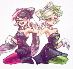 Rule 34 | 2girls, :d, :o, bare shoulders, black dress, black hair, black jumpsuit, bow-shaped hair, breasts, callie (splatoon), chinese commentary, cleavage, cousins, cross-shaped pupils, detached collar, dress, earrings, fangs, film grain, gloves, gradient hair, green hair, green pantyhose, grey hair, inkling, jewelry, jumpsuit, long hair, marie (splatoon), medium breasts, mole, mole under eye, multicolored hair, multiple girls, nintendo, open mouth, pantyhose, pink hair, pink pantyhose, pointy ears, short hair, short jumpsuit, simple background, small breasts, smile, splatoon (series), splatoon 1, strapless, strapless dress, symbol-shaped pupils, tentacle hair, thenintlichen96, two-tone hair, very long hair, white background, white gloves, yellow eyes