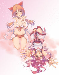 Rule 34 | 2girls, animal ears, bangle, bikini, blush, bow, bracelet, breasts, brown legwear, brown shirt, cat ears, cat tail, cleavage, commentary request, feathered wings, full body, heart, heart-shaped pupils, jewelry, kawagoe pochi, large breasts, long hair, looking at viewer, lying, mismatched bikini, multiple girls, on back, open mouth, orange hair, pink hair, pink theme, ragfes, ragnarok online, reaching, reaching towards viewer, realistic, red bikini, red bow, seiza, shirt, shorts, sitting, small breasts, smile, super novice (ragnarok online), swimsuit, symbol-shaped pupils, tail, wanderer (ragnarok online), white bikini, white shorts, white wings, wings