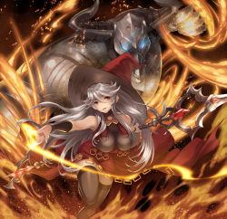 Rule 34 | 10s, 1boy, 1girl, bare shoulders, black thighhighs, blue eyes, bracer, breasts, dress, eyebrows, fire, glowing, glowing eyes, granblue fantasy, hair between eyes, hat, holding, holding staff, horns, index finger raised, large breasts, leaning forward, leg up, living armor, long hair, looking away, looking to the side, magic, magisa (granblue fantasy), minotaur, morax (granblue fantasy), open mouth, pink eyes, red hat, ryouku, silver hair, sleeveless, sleeveless dress, smile, solo, staff, thighhighs, turtleneck, very long hair, witch, witch hat, zettai ryouiki