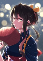 Rule 34 | 1girl, artist name, black hair, blue kimono, blush, breasts, commentary request, hair ribbon, hand fan, japanese clothes, kantai collection, kimono, large breasts, long hair, looking at viewer, multicolored hair, naganami (kancolle), obi, outdoors, paper fan, parted lips, pink hair, ribbon, sash, sidelocks, simple background, solo, totto (naka), two-tone hair, upper body, yellow eyes, yellow ribbon, yukata