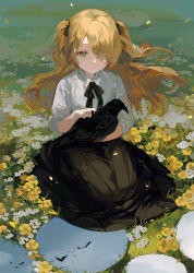 Rule 34 | 1girl, animal, bird, black ribbon, black skirt, blonde hair, closed mouth, commentary request, crow, eyepatch, fischl (genshin impact), genshin impact, green eyes, green theme, hair ribbon, highres, holding, holding animal, holding bird, hyatsu, long hair, long skirt, ribbon, shirt, short sleeves, skirt, smile, two side up, white shirt