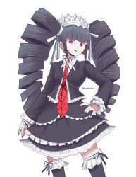 Rule 34 | 1girl, absurdres, artist name, black hair, black jacket, black nails, black ribbon, black skirt, black thighhighs, bonnet, celestia ludenberg, claw ring, collared shirt, d:, danganronpa: trigger happy havoc, danganronpa (series), drill hair, earrings, frills, gothic lolita, gus (emmarrgus), hand on own hip, highres, jacket, jewelry, layered skirt, lolita fashion, long hair, long sleeves, looking at viewer, nail polish, necktie, open mouth, red eyes, red necktie, ribbon, shirt, simple background, skirt, solo, teeth, thighhighs, twin drills, twintails, upper teeth only, white background