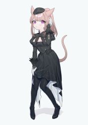 Rule 34 | 1girl, animal ears, warrior of light (ff14), black dress, black footwear, black thighhighs, cat ears, cat tail, commentary, copyright request, dress, facing viewer, feather trim, final fantasy, final fantasy xiv, full body, funa (sakana), gloves, hand on own head, high heels, highres, juliet sleeves, long sleeves, mandarin collar, miqo&#039;te, neck ribbon, ponytail, puffy sleeves, purple eyes, ribbon, sidelocks, slit pupils, solo, symbol-only commentary, tail, thighhighs, white background