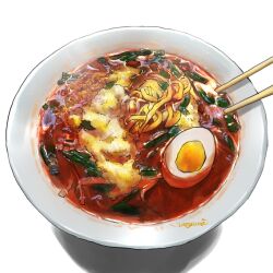 Rule 34 | bowl, chopsticks, egg, food, food focus, no humans, noodles, original, ramen, shadow, signature, simple background, still life, uroyama (macrophage), vegetable, white background