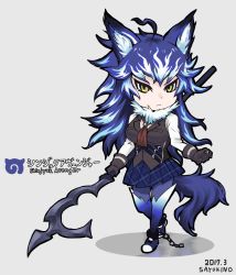 Rule 34 | 10s, 1girl, animal ears, blue hair, fate/grand order, fate (series), hessian (fate), kemono friends, lobo (fate), multicolored hair, personification, polearm, sayukino, tail, weapon, wolf ears, wolf tail, yellow eyes