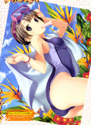 Rule 34 | 1girl, absurdres, arched back, ass, blue eyes, bracelet, breasts, brown hair, cloud, competition swimsuit, day, diving mask, flower, food, goggles, goggles on head, hair ornament, hairpin, highres, jewelry, koutaro, leaning forward, looking at viewer, mouth hold, one-piece swimsuit, popsicle, short hair, sky, small breasts, solo, swimsuit, towel, wristband