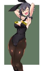 Rule 34 | ;d, arms behind head, black hair, black leotard, black necktie, black pantyhose, braid, brown eyes, buta-don, censored, commentary, covered navel, detached collar, dress, girls und panzer, gloves, green background, highres, leotard, necktie, novelty censor, one eye closed, open mouth, pantyhose, pepperoni (girls und panzer), side braid, simple background, smile, strapless, strapless dress, white gloves, wing collar