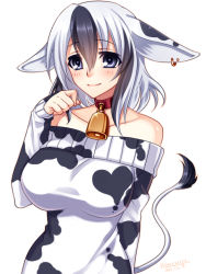 Rule 34 | 1girl, animal ears, animal print, bare shoulders, bell, neck bell, black hair, blue eyes, blush, breasts, collar, cow ears, cow girl, cow print, cow tail, cowbell, cuara pain, konshin, large breasts, multicolored hair, original, short hair, smile, solo, tail, two-tone hair, white hair