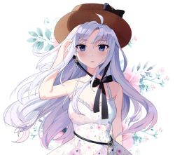 Rule 34 | 1girl, ahoge, arm behind back, armpit crease, bad id, bad twitter id, bare shoulders, black ribbon, blue eyes, blush, brown hat, collarbone, dress, earrings, floral background, floral print, hand up, hat, hat ribbon, jewelry, kongya, long hair, looking at viewer, mole, mole under eye, open mouth, original, ribbon, silver hair, simple background, single earring, sleeveless, sleeveless dress, solo, standing, upper body, white background, white dress