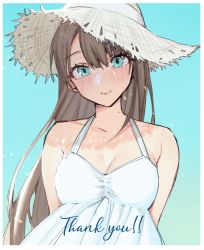 Rule 34 | 1girl, absurdres, armpit crease, arms behind back, bare arms, bare shoulders, blue background, blue eyes, blue sky, blush, border, breasts, brown hair, cleavage, closed mouth, collarbone, commentary request, dress, english text, eyelashes, floating hair, halter dress, halterneck, hat, highres, light particles, long hair, looking at viewer, medium breasts, mole, mole on arm, mole on neck, original, outdoors, parted bangs, sky, smile, solo, straw hat, sun hat, sundress, thank you, uni (melm), upper body, very long hair, white border, white dress