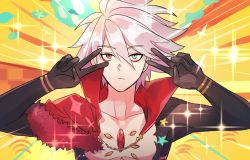 Rule 34 | 1boy, bishounen, black bodysuit, blue eyes, bodysuit, center opening, chain, chest jewel, closed mouth, double v, emotional engine - full drive, eyeshadow, fate/apocrypha, fate/grand order, fate (series), hair between eyes, hands up, heterochromia, karna (fate), makeup, male focus, parody, popped collar, red eyes, red eyeshadow, sagta panggang, short hair, solo, sparkle, star (symbol), v, white hair, yellow background