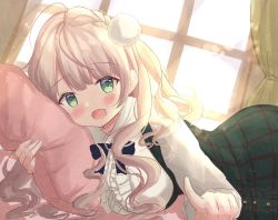 Rule 34 | 1girl, :d, ahoge, black bow, blush, bow, braid, center frills, collared shirt, commentary request, curtains, dress, frills, green dress, hair ornament, highres, hugging object, indie virtual youtuber, indoors, kanti15, light brown hair, long hair, long sleeves, looking at viewer, lying, on stomach, open mouth, pillow, pillow hug, pointing, pointing at viewer, pom pom (clothes), pom pom hair ornament, shigure ui (vtuber) (casual), shigure ui (vtuber), shirt, sleeveless, sleeveless dress, smile, solo, virtual youtuber, white shirt, window