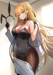 Rule 34 | 1girl, :d, animal ears, azur lane, bare arms, bare shoulders, black gloves, black leotard, blonde hair, blue eyes, breasts, brown pantyhose, choker, cleavage, clothes pull, coat, collarbone, commentary request, covered navel, cowboy shot, fake animal ears, gloves, grin, groin, hairband, unworn hairband, half gloves, hands up, highres, holding, large breasts, leotard, long hair, looking at viewer, miniskirt, north carolina (azur lane), open clothes, open coat, open mouth, open skirt, pantyhose, pencil skirt, playboy bunny, rabbit ears, skirt, skirt pull, smile, solo, strapless, strapless leotard, undressing, very long hair, white coat, white skirt, yu ni t