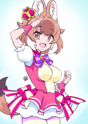Rule 34 | 1girl, alternate costume, animal ears, blush, bow, bowtie, brooch, brown eyes, brown hair, cosplay, cowboy shot, crown, cure wonderful, cure wonderful (cosplay), dhole (kemono friends), dog ears, dog girl, dog tail, dress, dress bow, frilled dress, frills, hair between eyes, heart, heart-shaped ornament, heart brooch, highres, jewelry, kemono friends, legs together, light brown hair, looking at viewer, mini crown, multicolored bow, multicolored hair, multicolored pantyhose, open mouth, pantyhose, pariparifromage, pink bow, pink dress, pleated dress, precure, puffy short sleeves, puffy sleeves, purple bow, purple bowtie, salute, short dress, short sleeves, sidelocks, smile, solo, standing, striped clothes, striped pantyhose, tail, two-tone dress, white hair, white sleeves, wonderful precure!, wrist cuffs, yellow dress