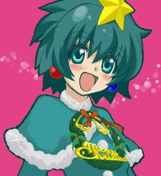 Rule 34 | 1girl, :d, blush, christmas, earrings, green eyes, green hair, hair ornament, jewelry, looking at viewer, lowres, oekaki, open mouth, pink background, santa costume, short hair, smile, solo, star (symbol), star hair ornament, tree, upper body
