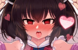 Rule 34 | 1boy, 1girl, black hair, blue ribbon, blush, cardigan, collarbone, collared dress, cum, dress, from above, heart, heart-shaped pupils, heavy breathing, hetero, looking at viewer, lying, neck ribbon, null (nyanpyoun), on back, open cardigan, open clothes, open mouth, pillow, pink cardigan, pov, red dress, red eyes, ribbon, saliva, saliva trail, short hair, solo focus, sweat, symbol-shaped pupils, tongue, tongue out, touhoku kiritan, variant set, voiceroid