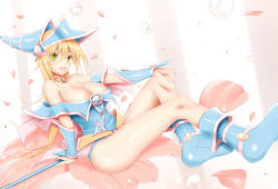 Rule 34 | 1girl, alternate breast size, bare shoulders, blonde hair, blue footwear, blue hat, blush, blush stickers, boots, breasts, calcio, cleavage, dark magician girl, duel monster, green eyes, hair between eyes, hand on own knee, hat, highres, large breasts, long sleeves, looking at viewer, off shoulder, on flower, open mouth, pentagram, pink shorts, pink skirt, shorts, sitting, skirt, smile, solo, thigh boots, thighhighs, wizard hat, yu-gi-oh!