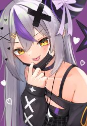 Rule 34 | 1girl, :p, alternate costume, bare shoulders, black horns, braid, braided bangs, cleavage cutout, clothing cutout, hair ornament, highres, hololive, horn ornament, horn ribbon, horns, la+ darknesss, mask, mouth mask, multicolored hair, nito nitro, pointy ears, purple hair, ribbon, streaked hair, striped horns, tongue, tongue out, virtual youtuber, yellow eyes