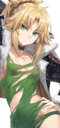 Rule 34 | 1girl, black jacket, blonde hair, braid, breasts, clarent (fate), collar, collarbone, dress, fate/apocrypha, fate/grand order, fate (series), french braid, green dress, green eyes, highres, jacket, long hair, long sleeves, looking at viewer, mordred (fate), mordred (fate/apocrypha), open clothes, open jacket, parted bangs, ponytail, sidelocks, small breasts, solo, sword, tonee, torn clothes, torn dress, weapon