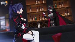 Rule 34 | 2girls, alcohol, artist request, bar (place), black jacket, bottle, breasts, chair, claws, cleavage, closed mouth, cocktail shaker, crossed legs, cup, drink, glass, gloves, grey hair, hair between eyes, hair over one eye, highres, honkai (series), honkai impact 3rd, hood, indoors, jacket, long sleeves, looking at another, medium breasts, mole, mole under mouth, multiple girls, official art, official wallpaper, open mouth, purple eyes, purple hair, raiden mei, raiden mei (danzai spectramancer), raven (honkai impact), red eyes, red gloves, sitting, smile, table, thighhighs, wine, wine bottle