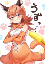 Rule 34 | 1girl, animal ears, bare shoulders, belt, black hair, blue eyes, blush, bow, bowtie, caracal (kemono friends), cat day, cat teaser, commentary request, cowboy shot, crossed arms, elbow gloves, extra ears, gloves, high-waist skirt, highres, kamuraaa 615, kemono friends, orange hair, shirt, sidelocks, skirt, sleeveless, solo, sweatdrop, tail, traditional bowtie, translated, white shirt